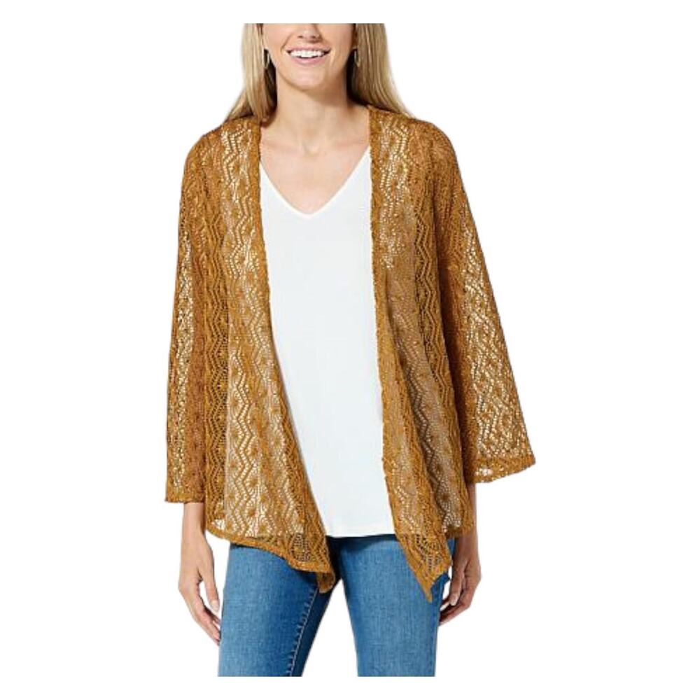 New Colleen Lopez Cardigan Womens Sz XXS Dijon Crochet Knit Tie-Front Sweater‎